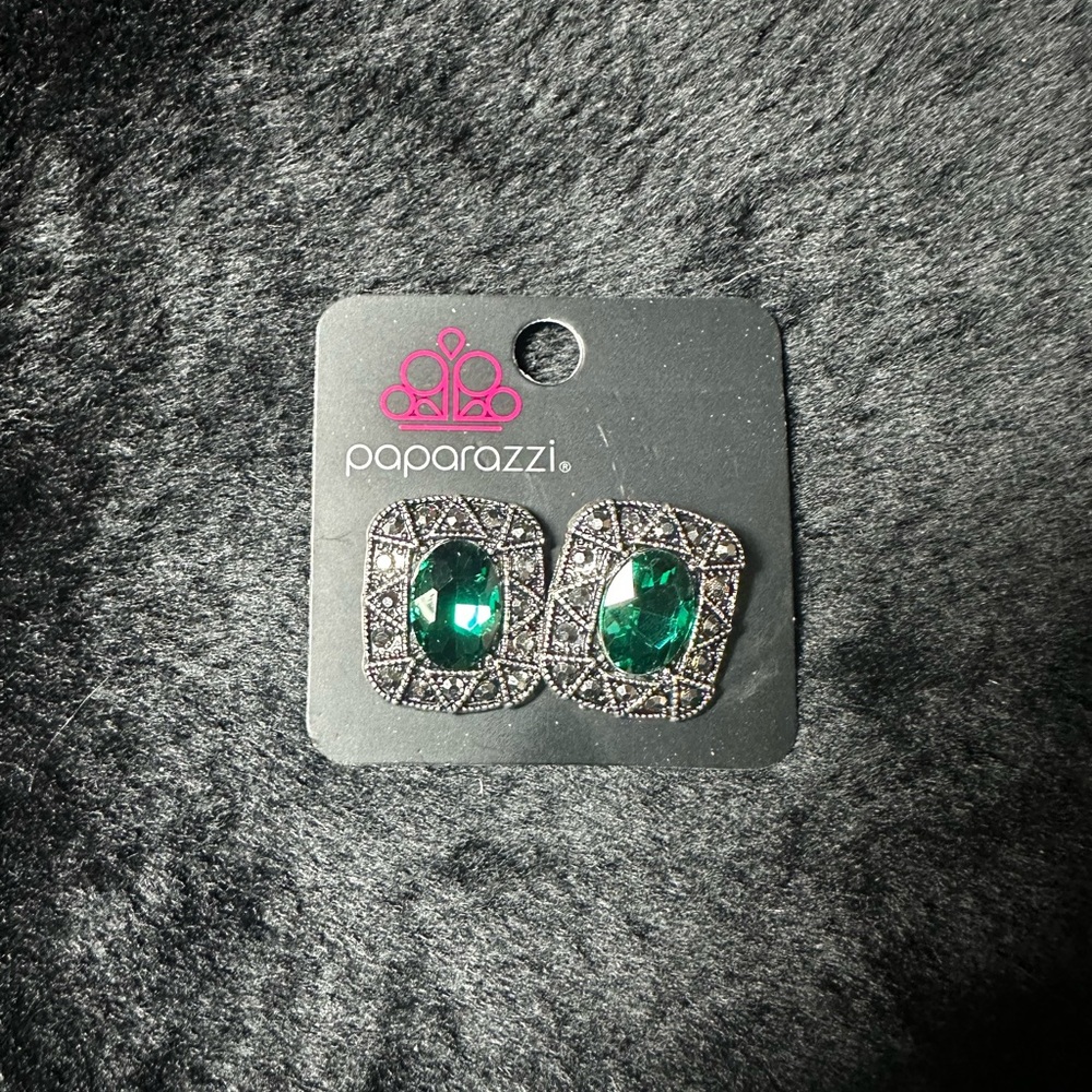 Paparazzi Silver and Green Art Deco Earrings
